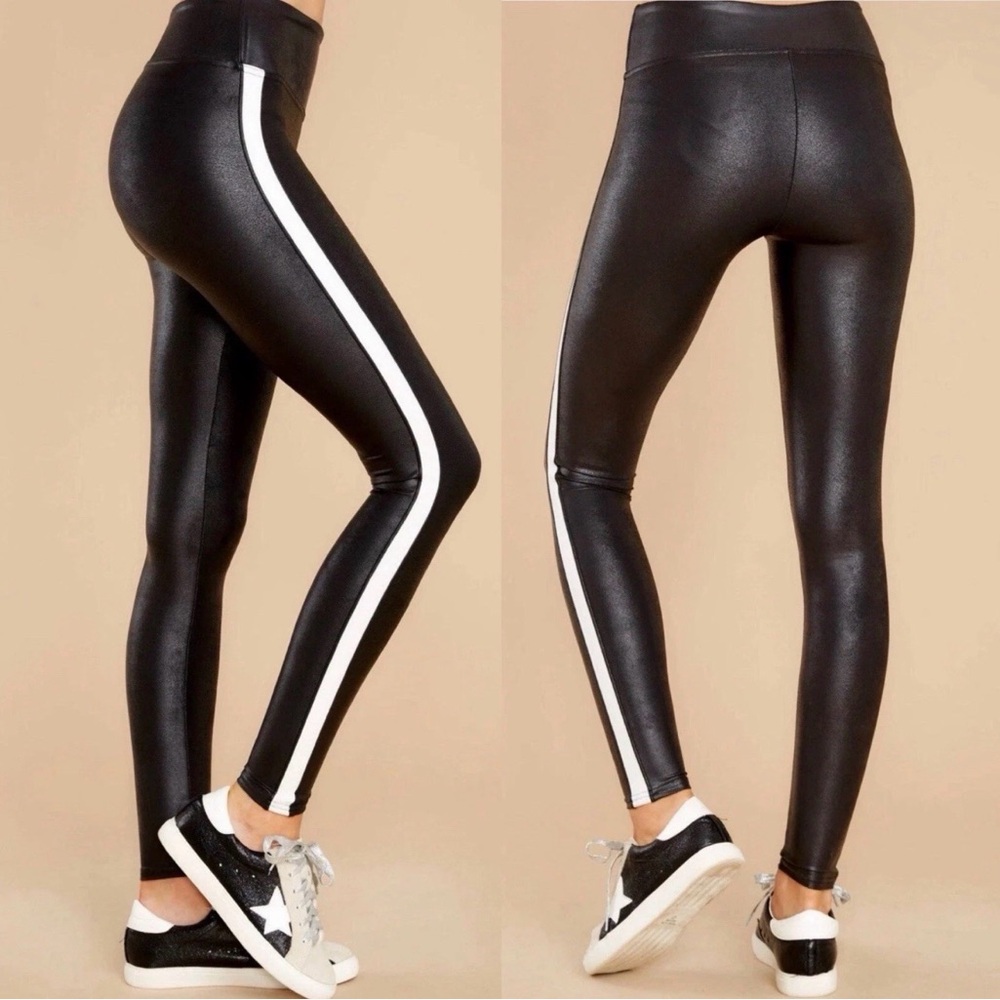 Spanx Faux Leather Stripe Leggings Womens Size Large Very Black Hidden Shaping